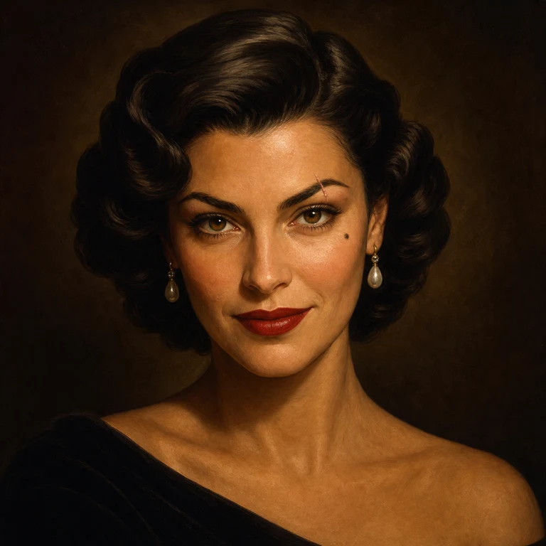 Duchess, with dark marcel waves and pearl earrings