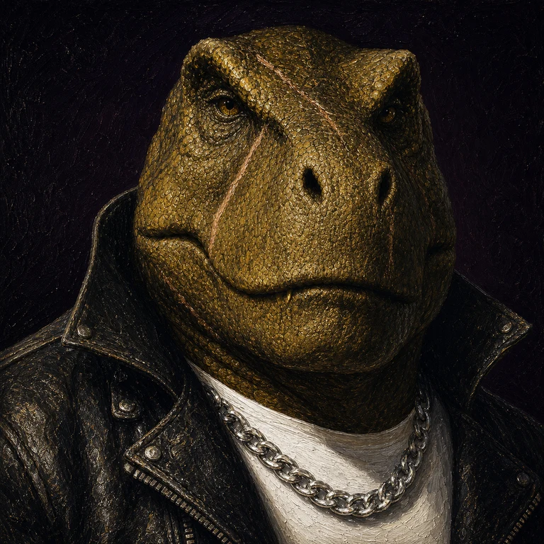 Rex, a tyrannosaur in a leather jacket and steel chain