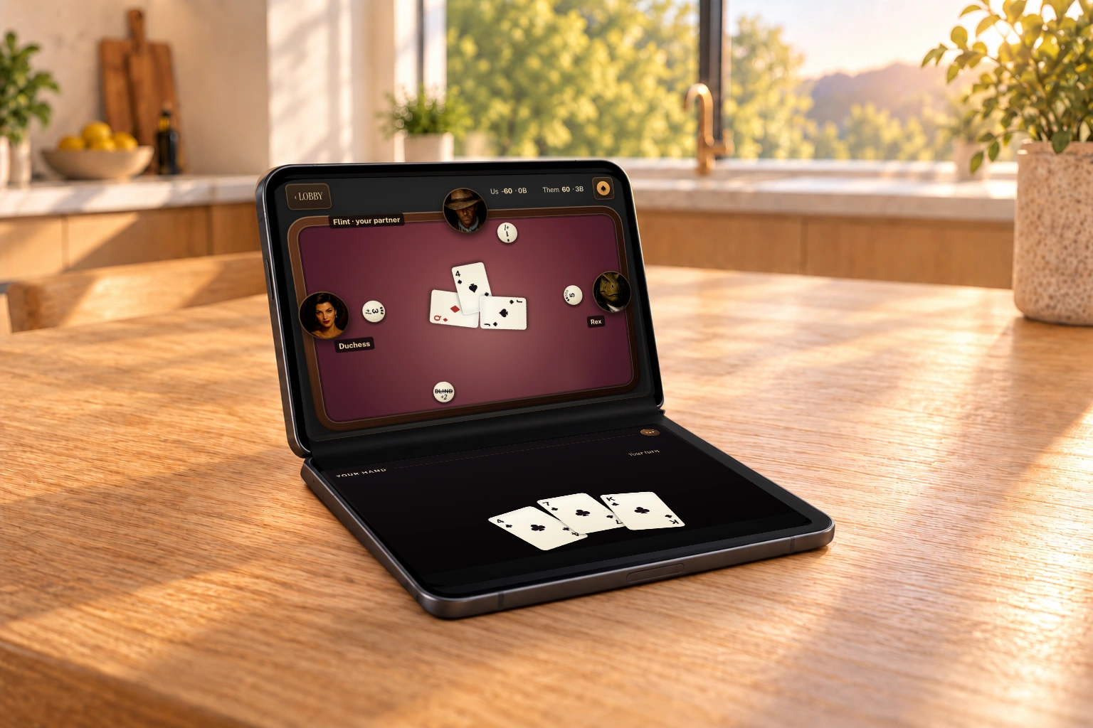Compact Clamshell Duo resting flush on the oak table with a smooth black fold, supplied game table above and hand below