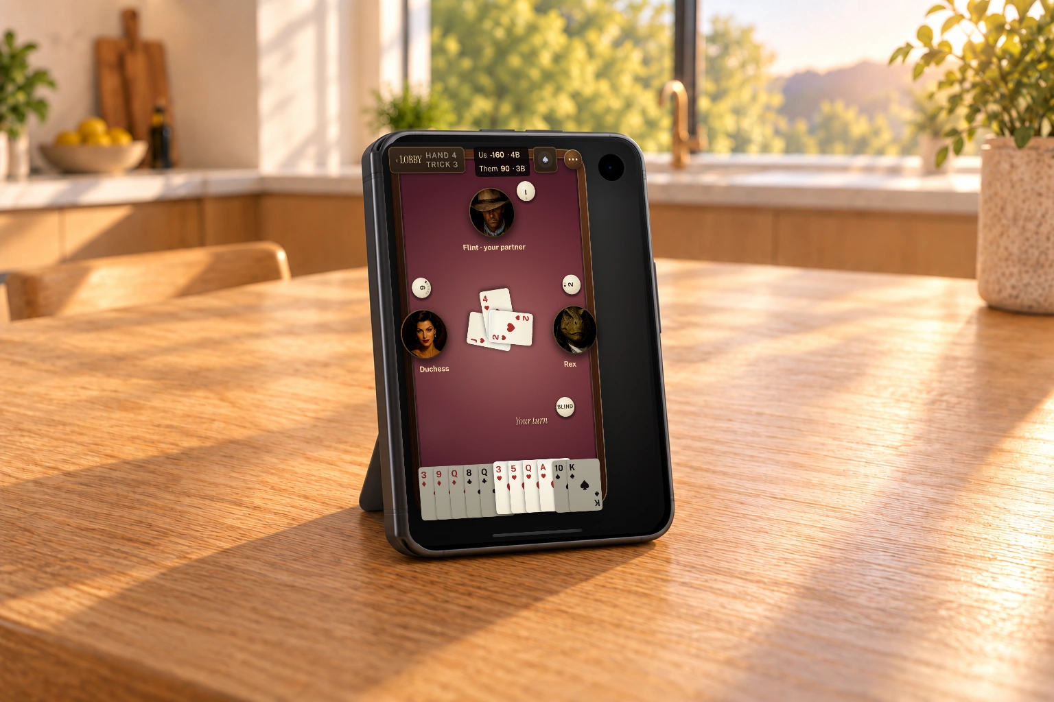 Closed Duo with two folded slabs, side hinge and one front display showing the genuine Closed-mode Lamplit Spades game