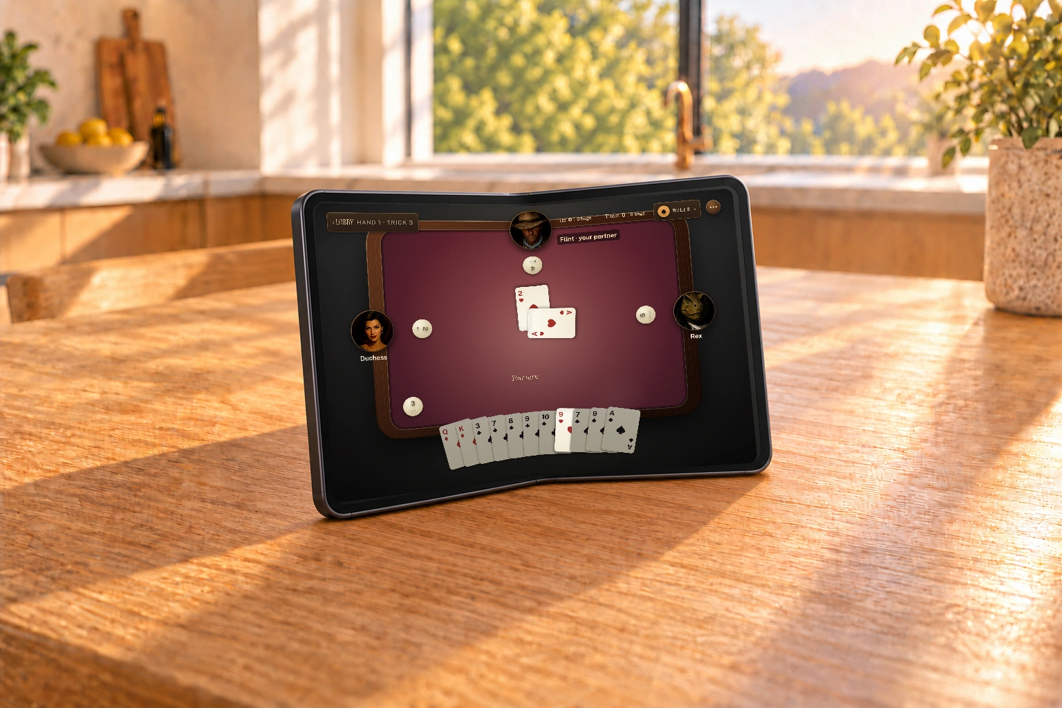 Landscape Duo approximately eighty percent unfolded, standing on its bottom edge with a slight bend and a continuous genuine Open-landscape game display