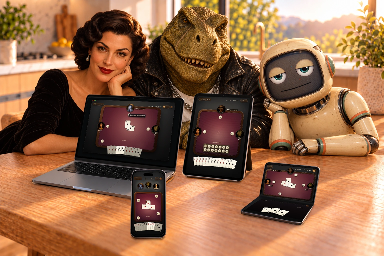 Duchess, Rex and Van lean over the sunlit wood table together behind the four original devices, preserving their relative scale and supplied gameplay pixels