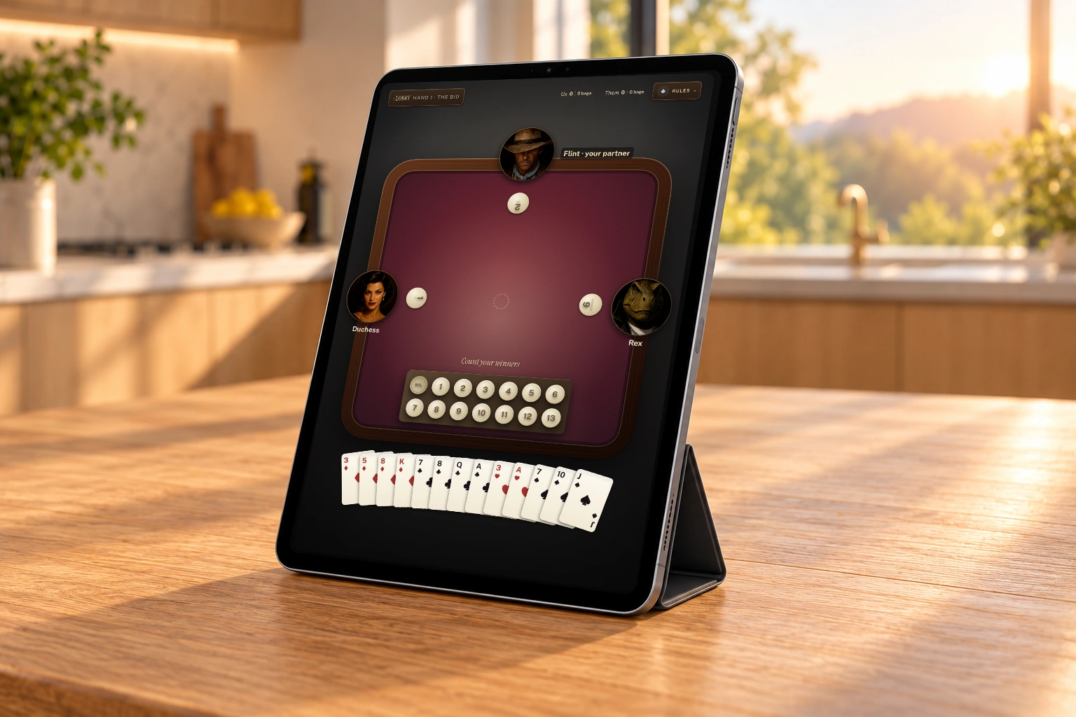 Angled modern portrait iPad showing Flint, Duchess and Rex, the bid choices and all thirteen cards in the hand