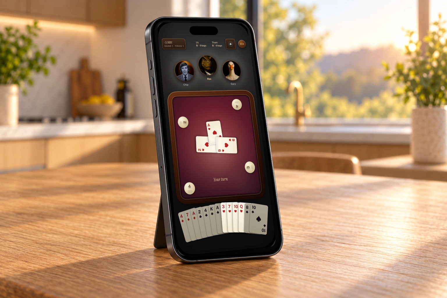 Angled modern iPhone with its Dynamic Island, showing Chip, Rex, Gary, three played hearts and the full hand