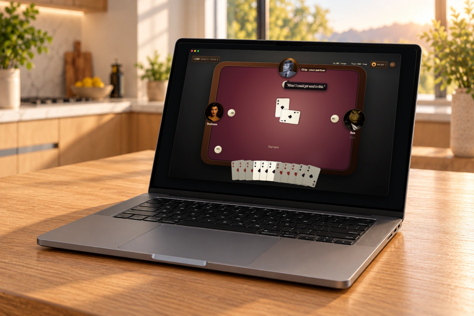 Angled Mac laptop on the same oak table, showing Duchess, Chip and Rex, two played clubs and the complete hand